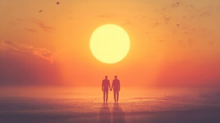 Fototapeta premium Silhouetted figures standing hand in hand against a vibrant sunset at the beach. Generative AI