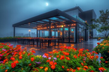 Fototapeta premium Rooftop restaurant at night, rain, flowers, city view.