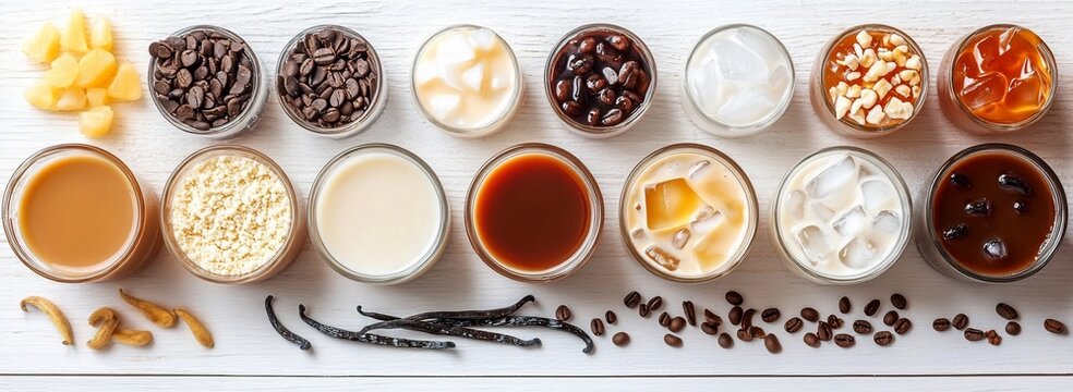 Overhead view of various coffee drinks with ingredients.