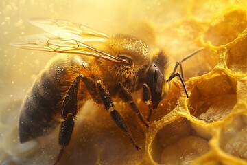 Close-up of honeybee on honeycomb, golden light.