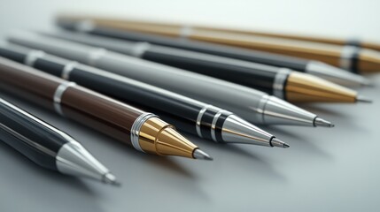 Fototapeta premium Elegant pens, desk, office, close-up, metallic, writing, background blurred, business