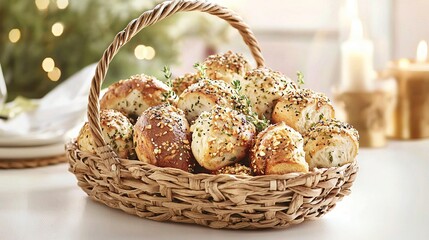   A basket filled with rolls, covered and sprinkled with sesame seeds