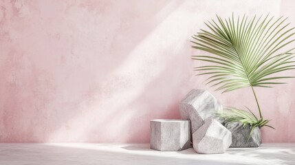 Pink wall, sunlight, marble podiums, palm leaf.