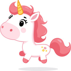 Cute Cartoon Unicorn Jumping and Smiling, Adorable Vector