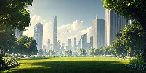 Fototapeta premium City Park with Green Lawns and Towering Skyscrapers
