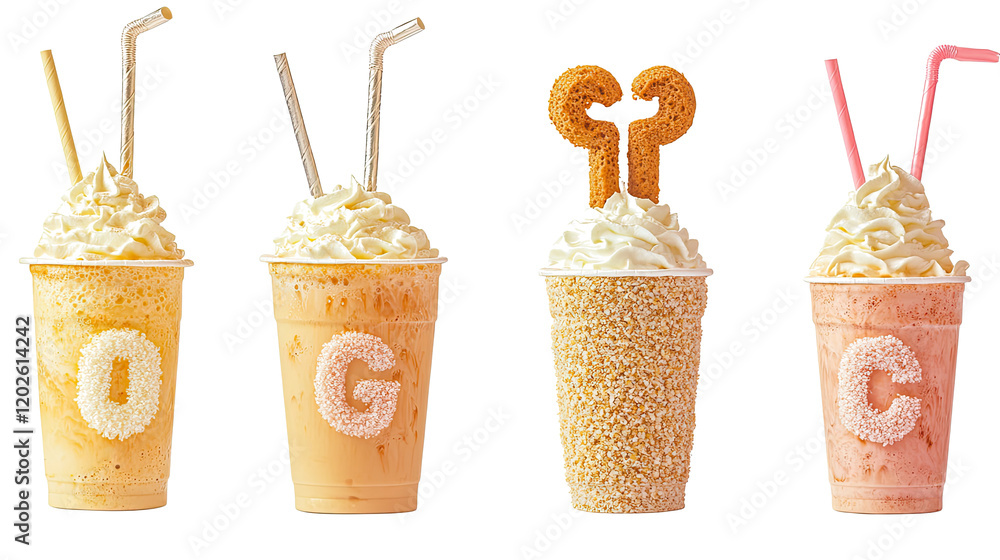 Poster creative coffee frappes with unique toppings and straws generative ai