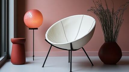 A modern interior featuring a stylish chair, decorative lamp, and vases against a soft pink wall.