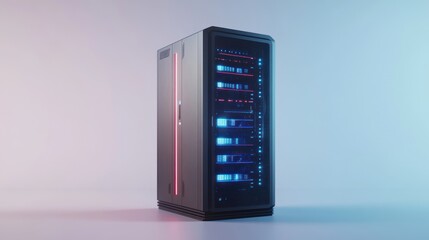 Illuminated server rack, data center, digital display, neon background, tech concept