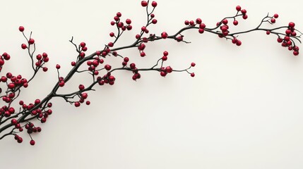 Red berry branch, winter decor, white background, minimalist design, holiday card