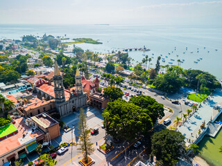 Aerial view of Chapala Church overlooking the huge lake. Jalisco, Mexico