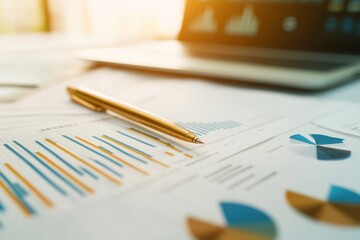 Fototapeta premium Office desk, financial charts, pen, laptop, analysis