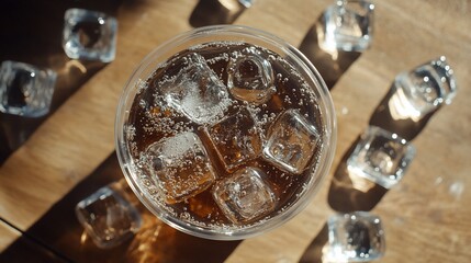 Fototapeta premium Iced brown drink in a clear plastic cup with ice cubes on a wooden surface.