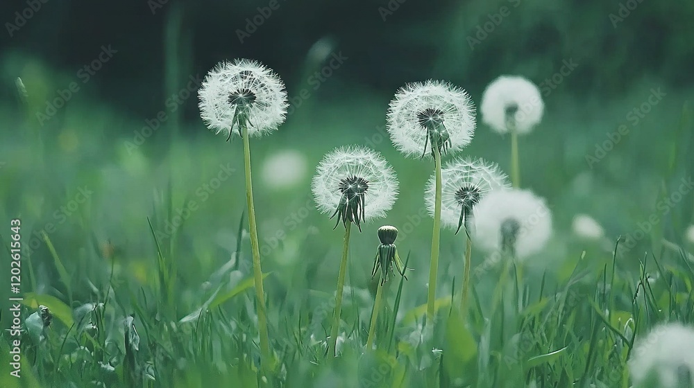 Poster a cluster of daisies amidst verdant fields with a hazy backdrop of foliage