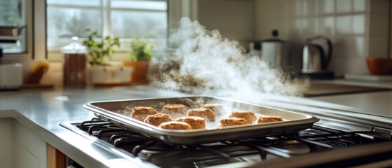 Freshly baked pastries emit steam on a kitchen stove, filling the space with inviting warmth and the promise of delicious treats.