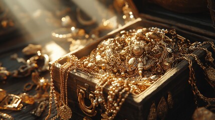 Overflowing wooden chest filled with gold jewelry and precious stones.
