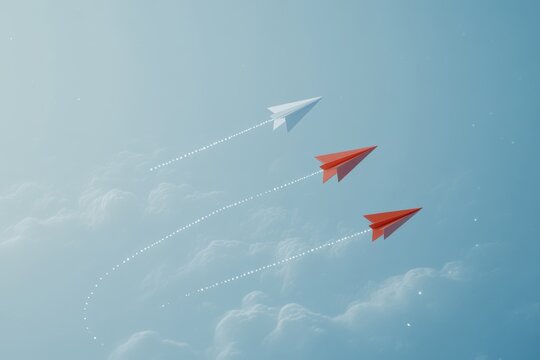 Minimalistic concept of flight  paper airplanes in motion against a light blue sky background