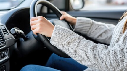 A person wearing a cozy sweater grips the steering wheel of a car, illustrating the act of driving in a casual setting.