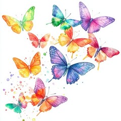Whimsical watercolor butterflies in vibrant colors dancing across a bright white background