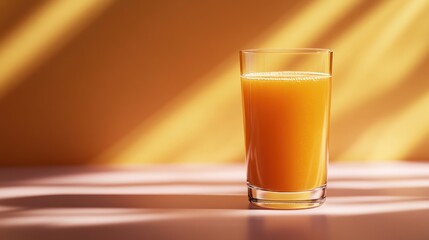 Glass of orange juice, sunlight, pink surface, yellow background, healthy drink
