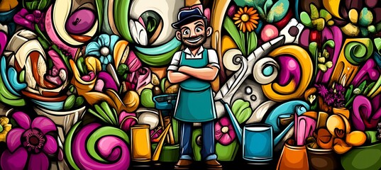 Gardener amidst colorful doodle flowers and gardening tools.