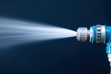 A blue spray nozzle releases a fine mist of water against a dark background, showcasing its design and functionality.
