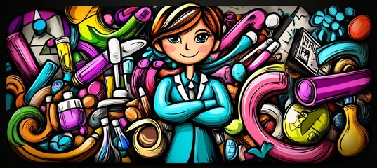 Colorful doodle illustration of a scientist surrounded by lab equipment.