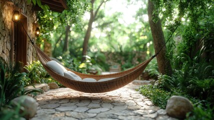 Hammock relaxation in lush jungle garden, tranquil escape