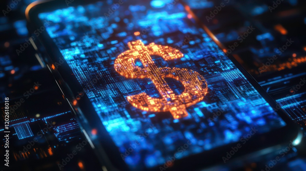 Poster digital dollar sign glowing on a smartphone screen, signifying mobile payments and digital currency.