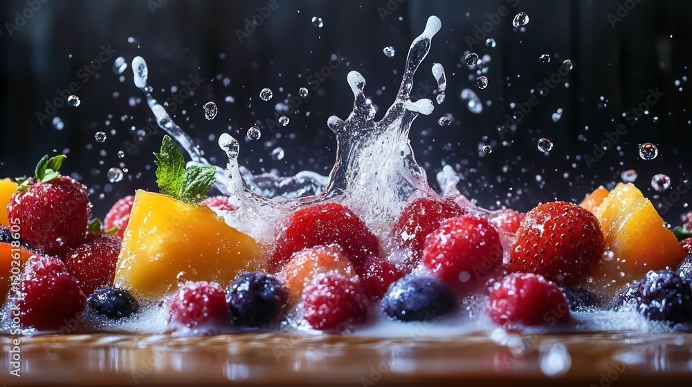 Poster fresh berries and sliced peaches submerged in water with a splash.