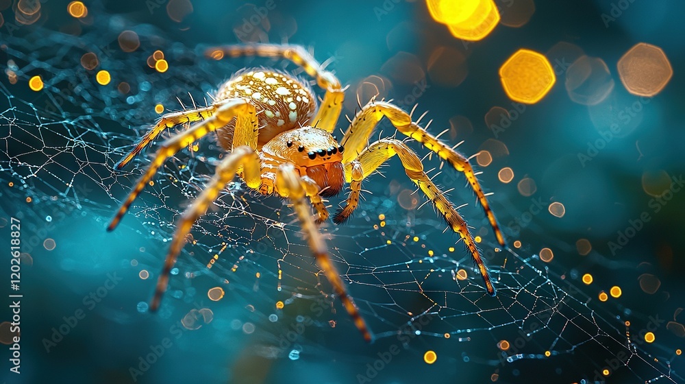 Aufkleber a clear photo of a spider on a web with bright lights in the background and sharp focus in the foreg