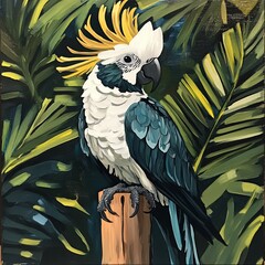 A vibrant painting of a Sulphur-crested Cockatoo perched on a wooden post amidst lush tropical foliage.