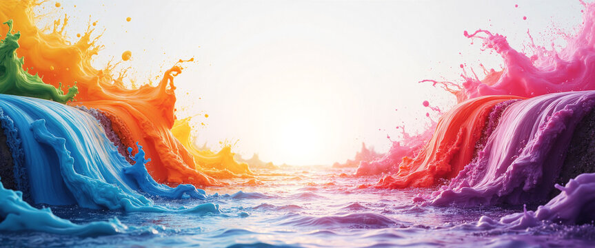 Vibrant splashes of colorful paint creating a waterfall effect in a serene landscape at sunset evoking creativity and inspiration
