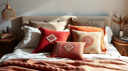 Cozy Bedroom Decor: Sunlit Boho Chic Interior Design with Elegant Pillows and Textures