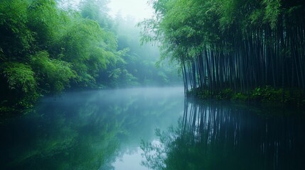 Misty morning serene bamboo forest reflected in calm water.