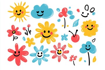 Obraz premium Playful vector art of cute cartoon doodles with happy faces in bright pastel colors on white