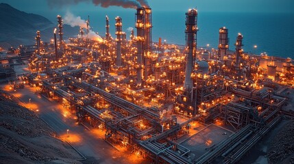 Fototapeta premium Illuminated Industrial Complex at Dusk: A Coastal Refinery's Night Glow
