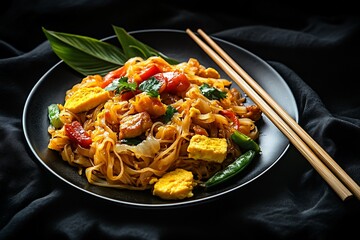 Delicious Pad Thai noodles with tofu, vegetables, and herbs served on a black plate with chopsticks.