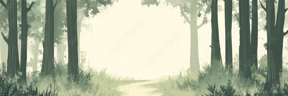Poster Forest trail winds through tall trees creating a serene walking path in early morning light. Generative AI