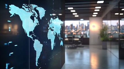 Obraz premium Modern Office room with advanced glowing digital map