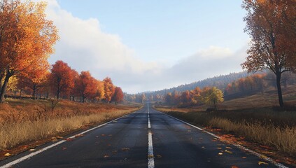 Scenic autumn road through colorful forest.