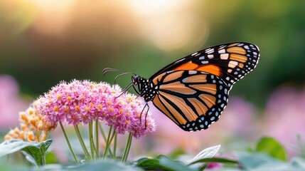 Fototapeta premium Monarch butterfly feeding on pink flowers at sunset