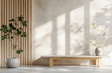 Minimalist interior with wooden wall, bench, and plants.
