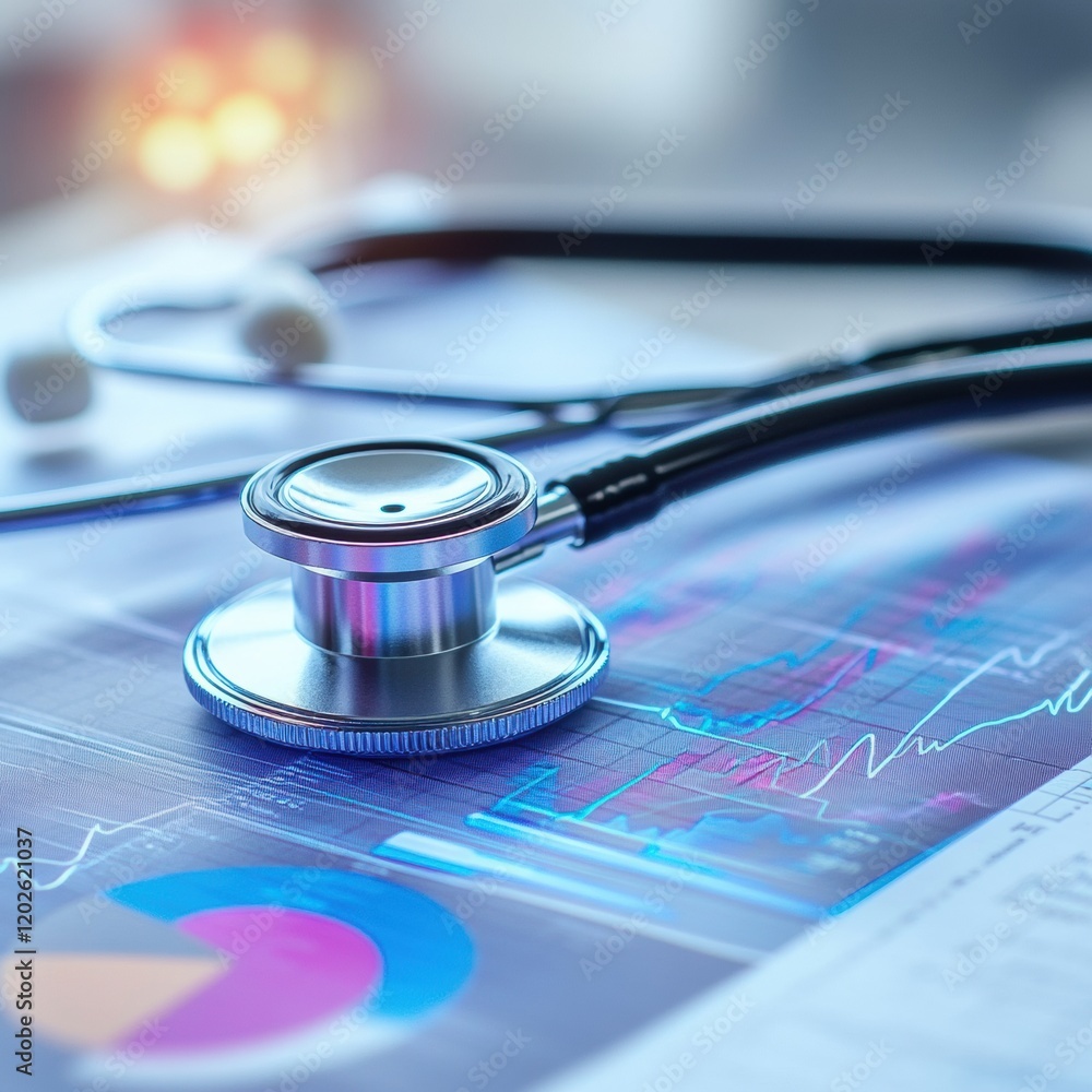 Poster health statistics and stethoscope on medical report illustrating patient data and examination result