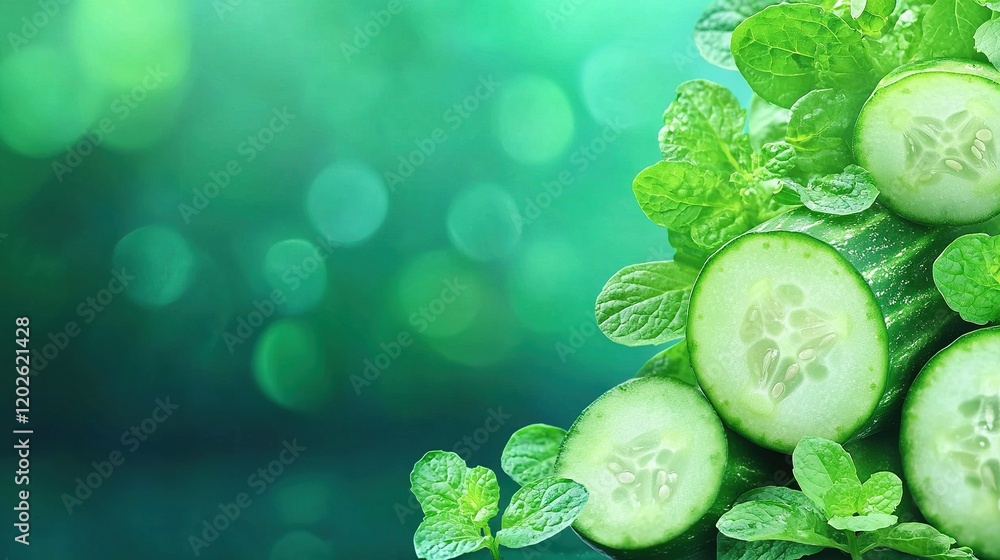 Poster a green background features a pile of cucumbers surrounded by leaves and mints, illuminated by a sof