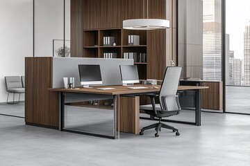 Modern office interior with two workstations, wood paneling, and city view.