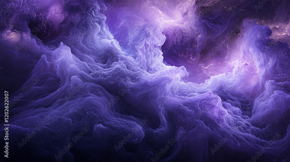 Poster a mesmerizing abstract rendering of swirling purple clouds with hints of light