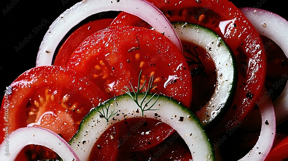 Poster a layered stack of diced tomatoes and cucumbers topped with a light dusting of salt