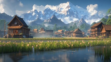 Obraz premium Serene mountain village with traditional houses, rice paddies, and a tranquil lake reflecting the snow-capped peaks.