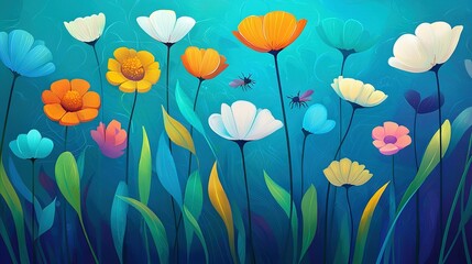  Field of Flowers with Bee and Bug..Title: Flourishing Fields