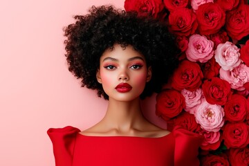 Beautiful woman with bold makeup, red lips, and roses, exuding elegance and beauty with glowing skin and flawless features. Valentine's Day.